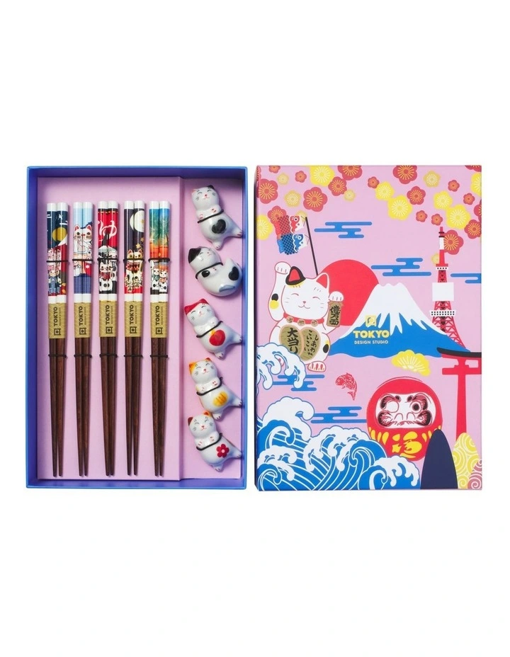 Chopstick Neko Cat Chopsticks with Rest 10pc Gift Boxed Assorted image 5