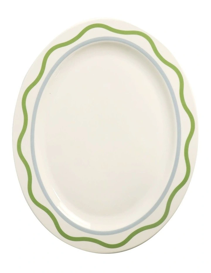 Summer Ribbon Oval Platter 35 x 28 x 2.5cm in Vintage White With Green image 1