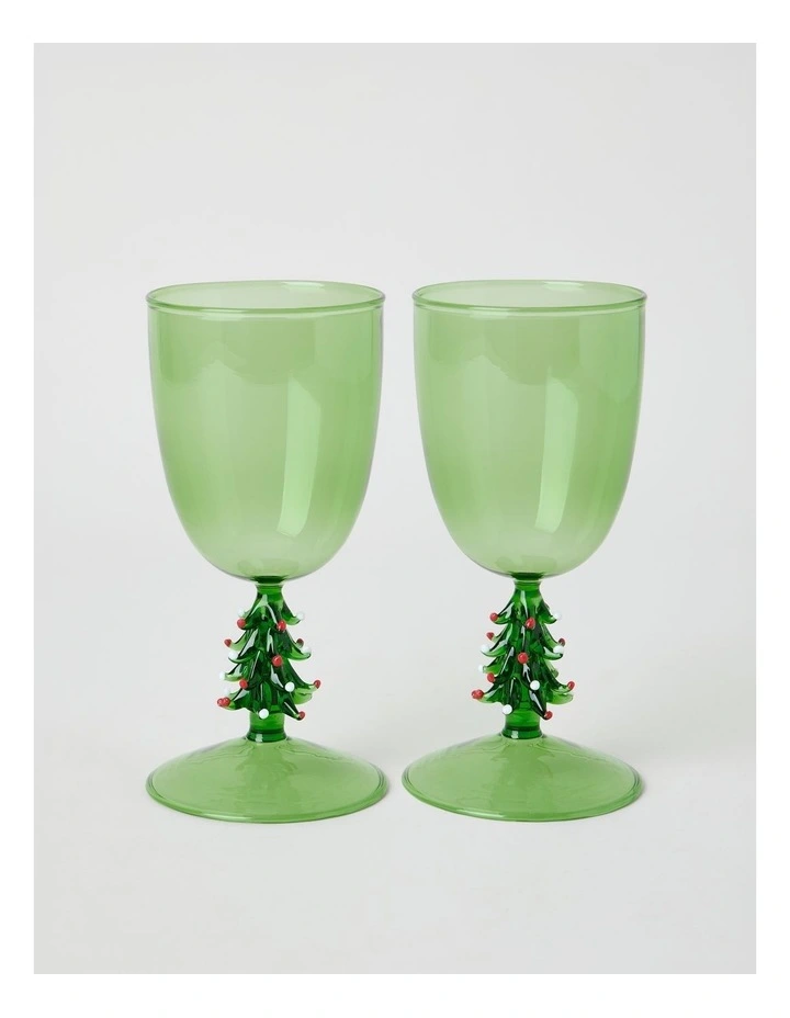 Joy Wine Glass Christmas Tree Set of 2 260ml in Green image 1