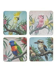 Hardboard Feathered Friends Square 4pk Coaster