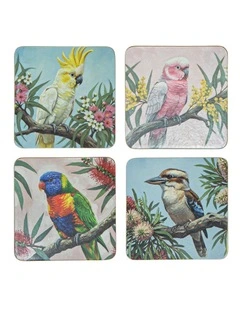 Hardboard Feathered Friends Square 4pk Coaster