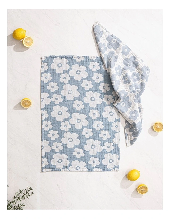 Jacquard Flower Kitchen Towel 2 Pack in Blue image 2