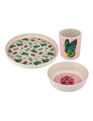 Pete Cromer Garden Party Kids Melamine 3 Piece Dinner Set Gift Boxed in Pink