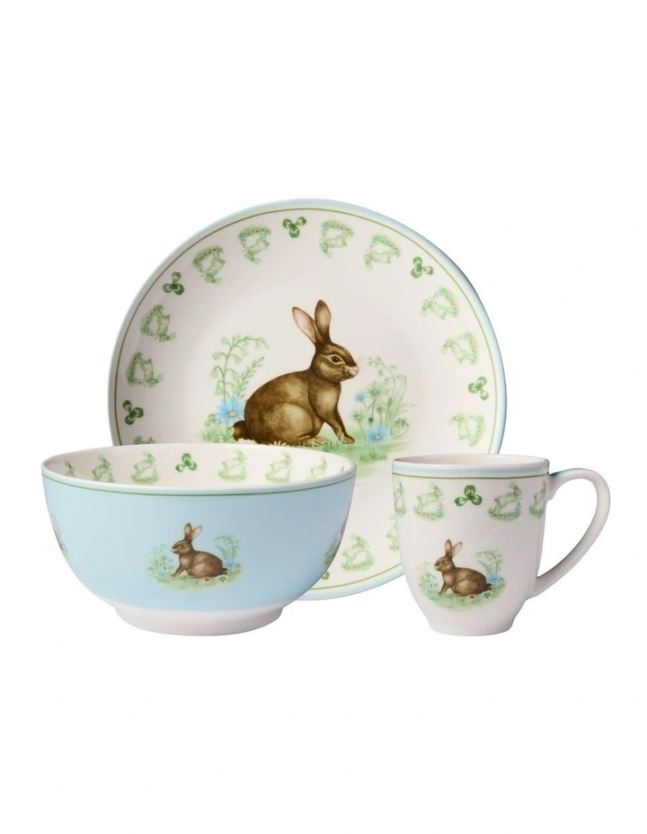 Clover and Cotton Tail Children's 3 Piece Bunny Dinner Set Gift Boxed in Multi image 1