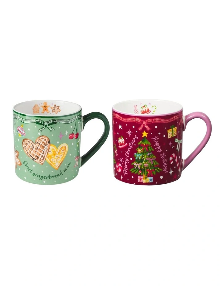 Fa la la Mug 400ML Set of 2 Gift Boxed in Green/Burgundy image 1