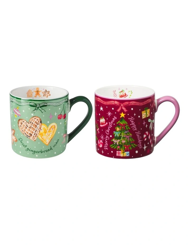 Fa la la Mug 400ML Set of 2 Gift Boxed in Green/Burgundy image 1