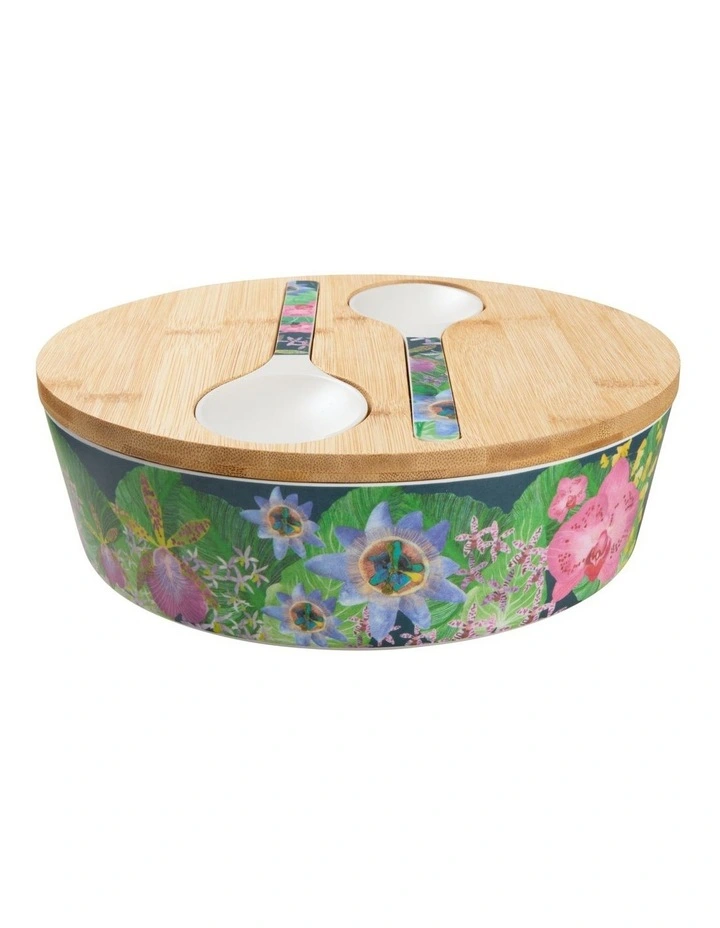 Tropical Twilight Melamine Bowl With Lid 25x9cm & Salad Servers image 1
