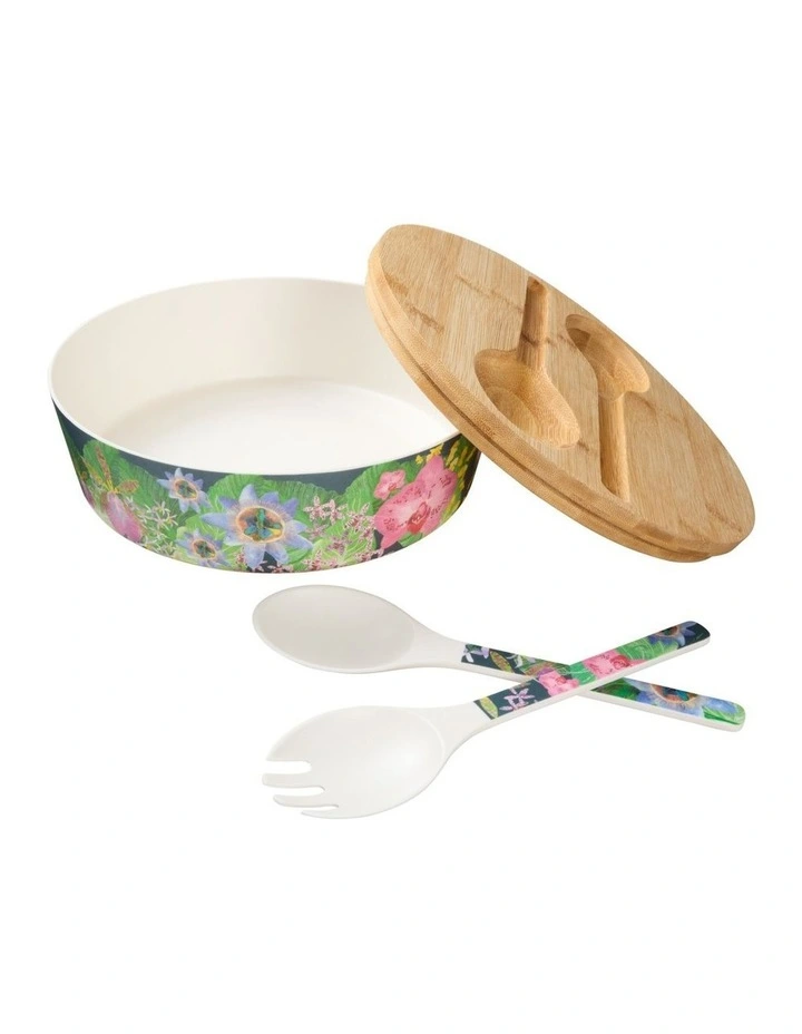 Tropical Twilight Melamine Bowl With Lid 25x9cm & Salad Servers image 2