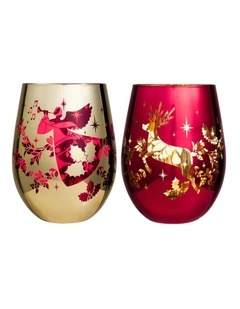 White Christmas 2026 Stemless Glass 550ml Set of 2 Gift Boxed in Red/Gold