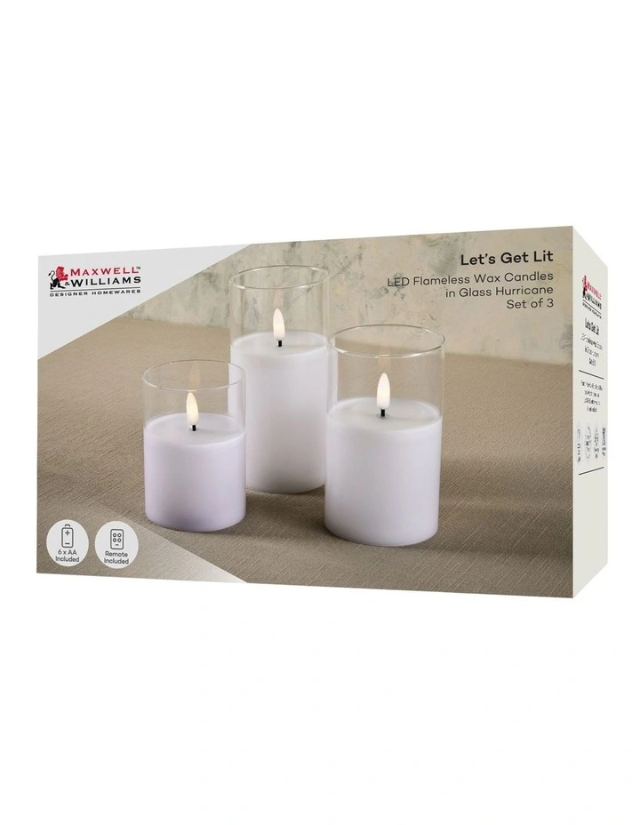Let's Get Lit LED Flameless Wax Candle Glass Hurricane Set of 3 Gift Boxed in Clear image 5