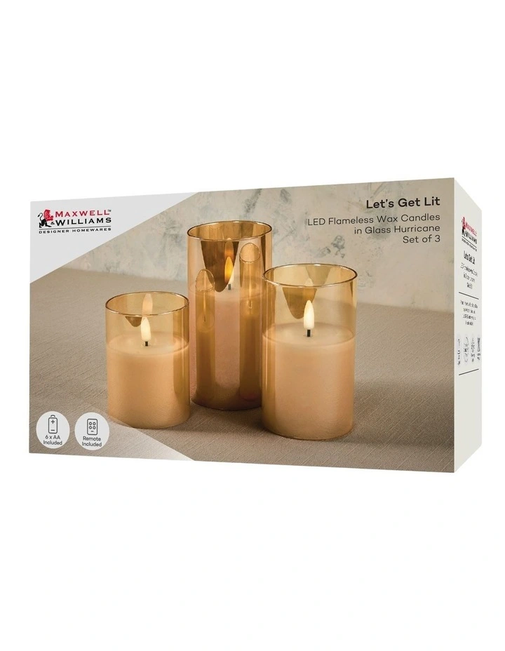 Let's Get Lit LED Flameless Wax Candle Glass Hurricane Set of 3 Gift Boxed in Gold image 5