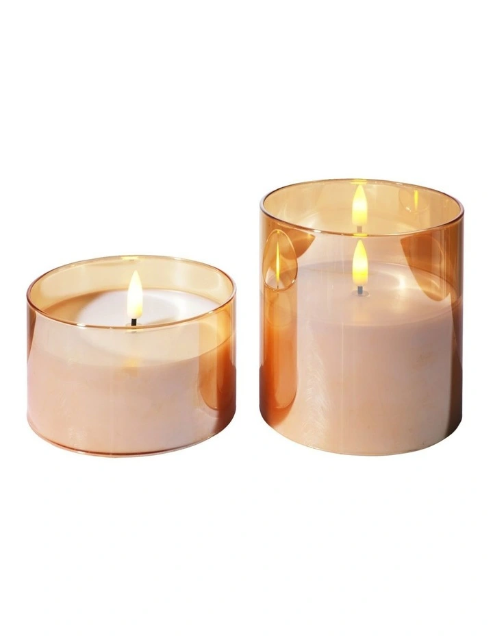 Let's Get Lit LED Flameless Candle Glass Hurricane Gold Set of 2 Gift Boxed image 2