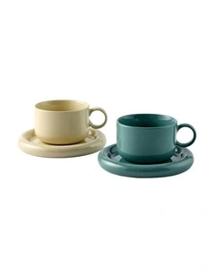 Finn Teacup And Saucer Set of 4 in Seagrass And Parchment