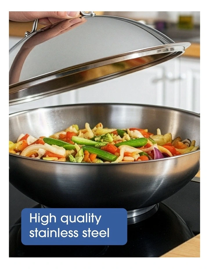 Essentials Stainless Steel Induction Covered Wok 36cm in Silver image 4