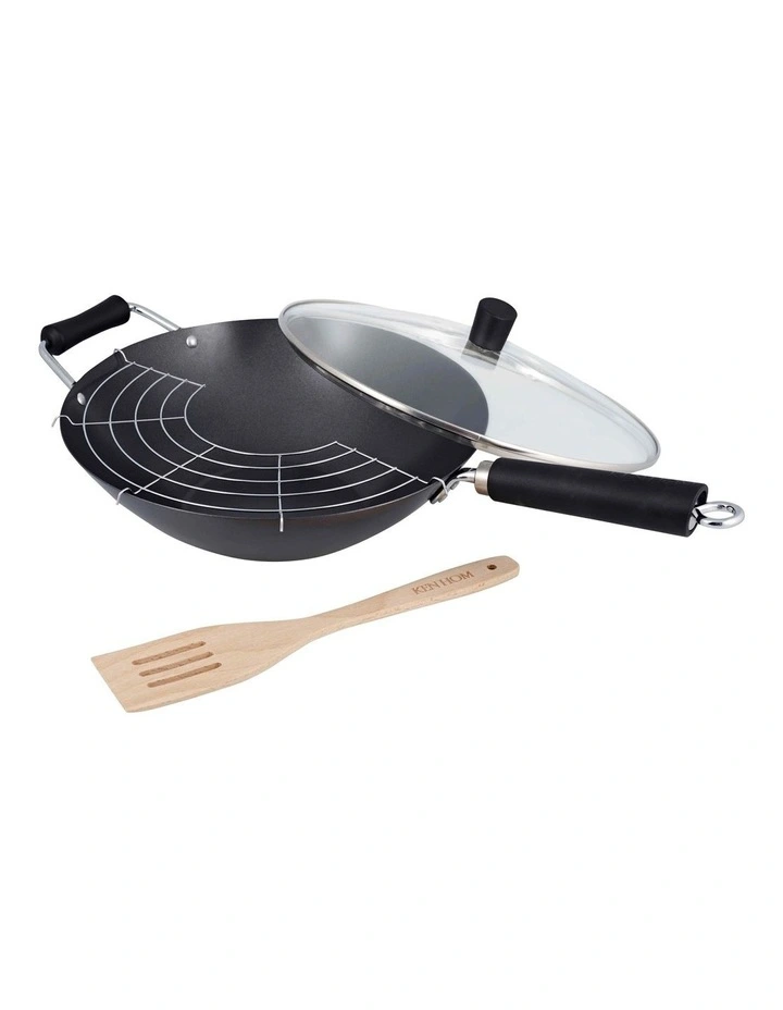Non-Stick 4 Piece Carbon Steel Wok Set 31cm in Black image 1