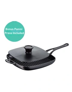 Induction Cast Iron Grill Pan with Bonus Panini Press 25cm in Black