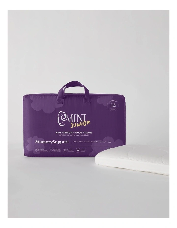 MiniJunior Kids MemorySupport Memory Foam Pillow with Quilted Wool Cotton Cover image 1