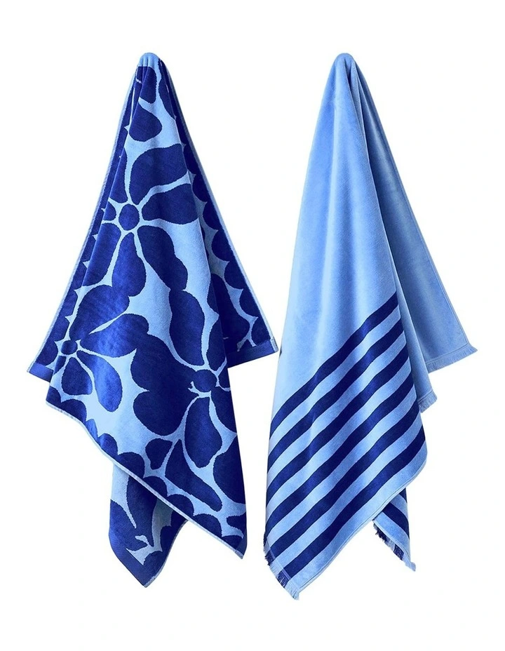Palma Stripe Australian Cotton Beach Towel in Royal/Powder Blue image 5