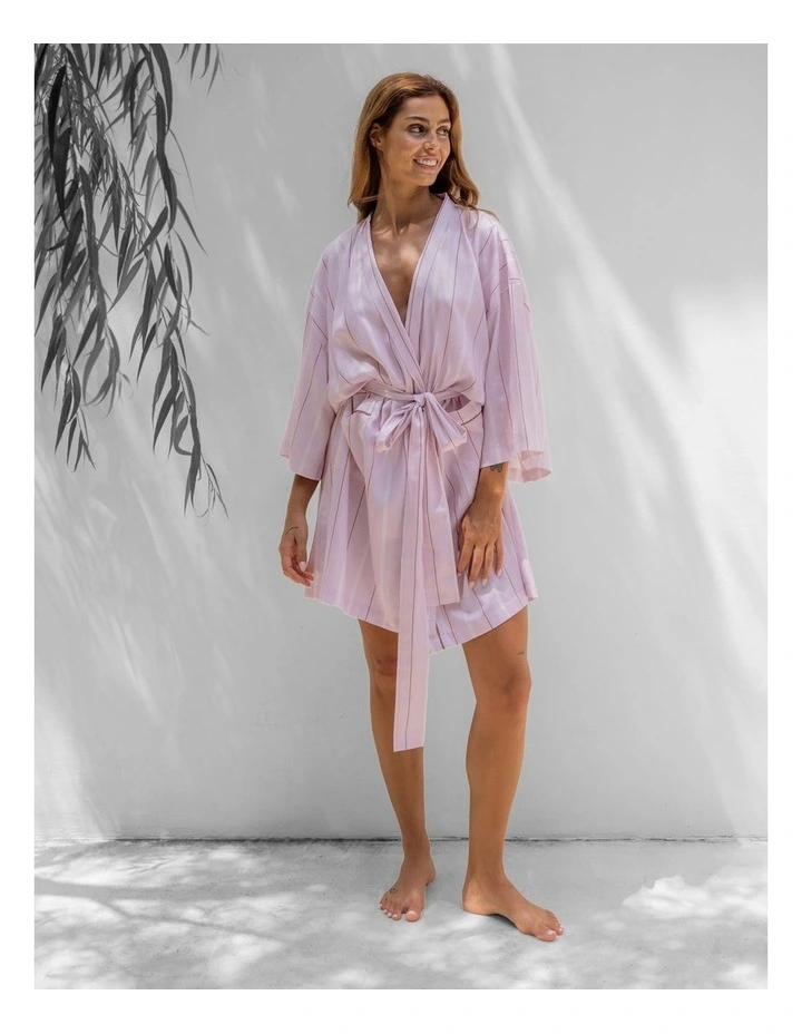 Monday Stripe Cotton Sateen Short Robe In Lilac image 2