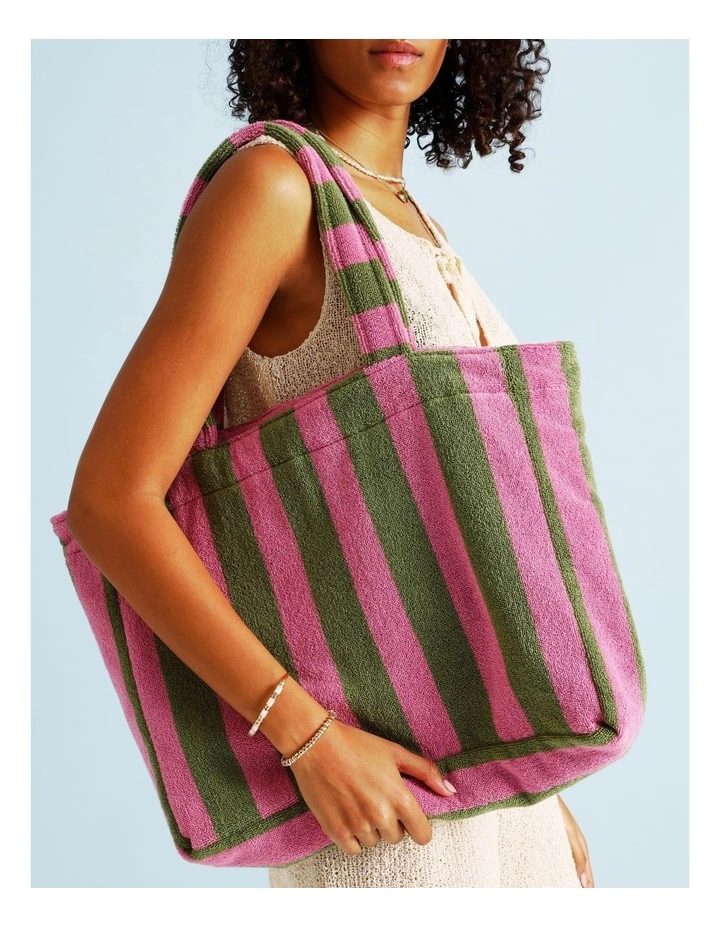 Reverse Stripe Terry Beach Bag in Olive image 2