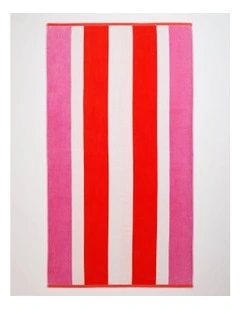 Chunky Reverse Stripe Velour Beach Towel in Pink/Red