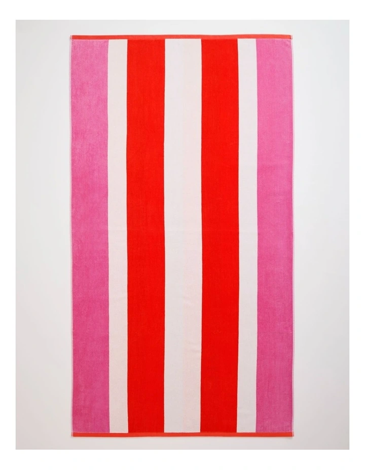 Chunky Reverse Stripe Velour Beach Towel in Pink/Red image 1