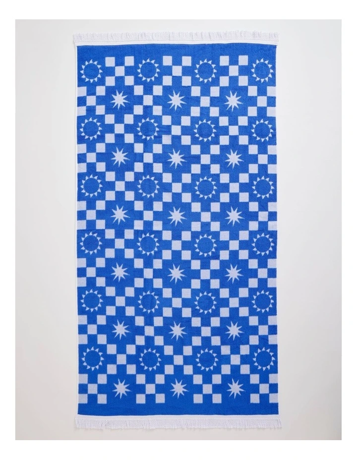 Summer Check Terry Beach Towel in Blue image 1