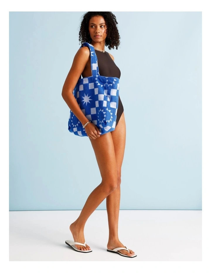 Summer Check Terry Beach Bag in Blue image 2