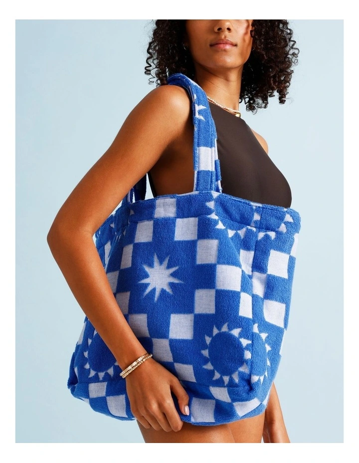 Summer Check Terry Beach Bag in Blue image 6
