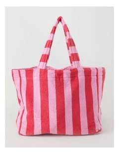 Reverse Stripe Velour Terry Beach Bag in Red and Pink