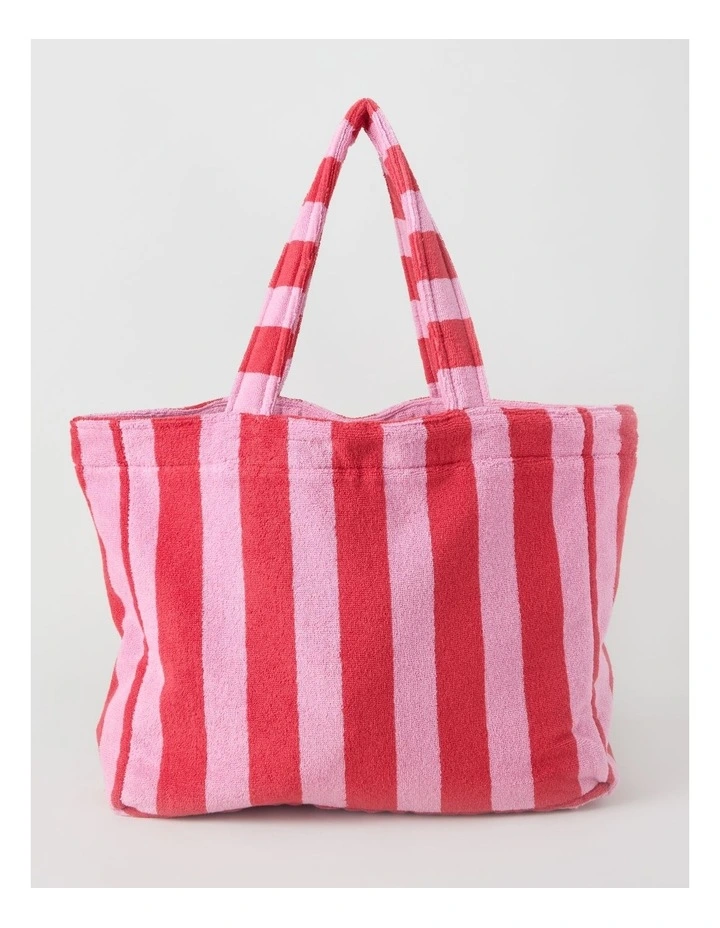 Reverse Stripe Velour Terry Beach Bag in Red and Pink image 1