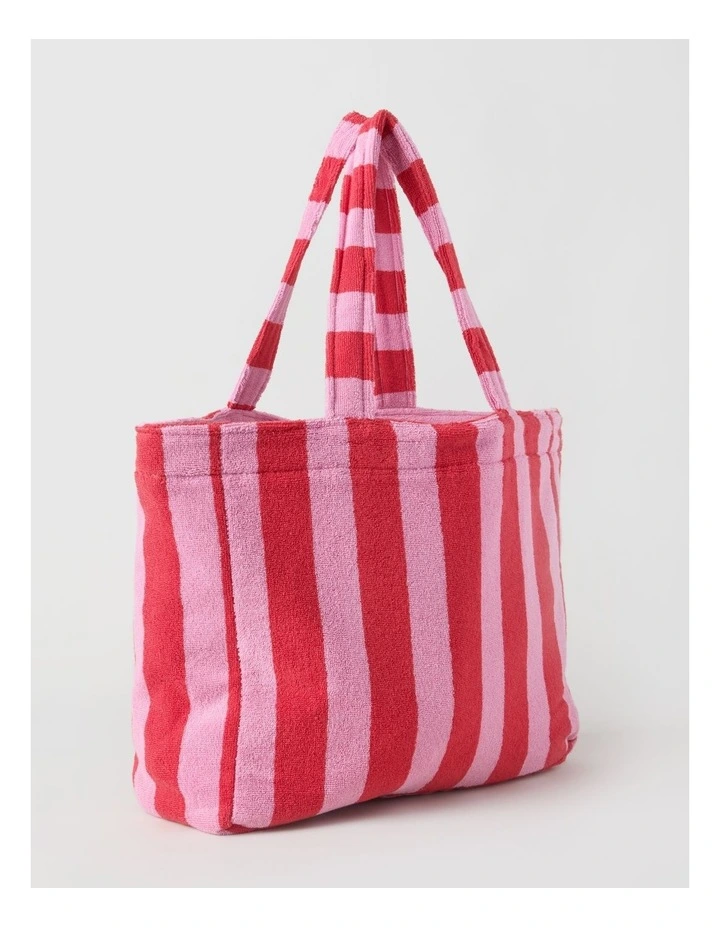 Reverse Stripe Velour Terry Beach Bag in Red and Pink image 2