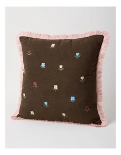 Ditsy Floral Embroidered Cushion in Brown