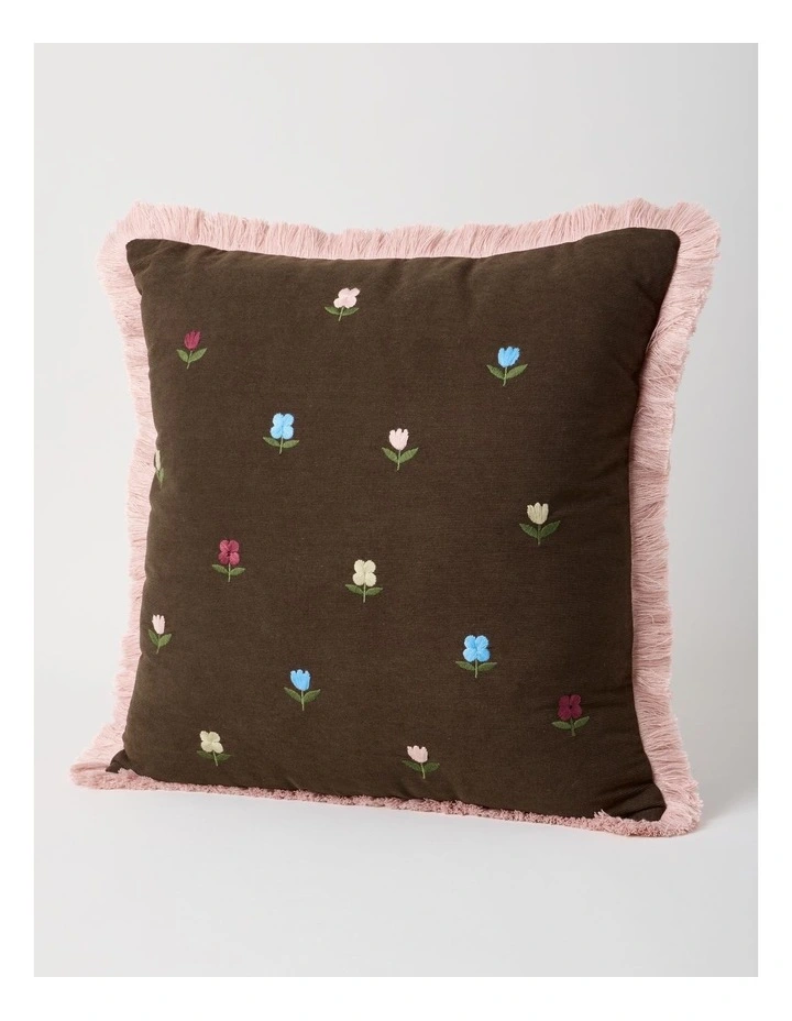 Ditsy Floral Embroidered Cushion in Brown image 1