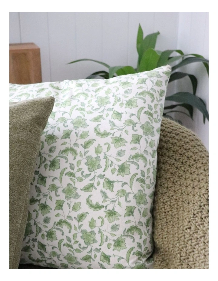 Floriana Block Print Cushion 50cm in Green image 2