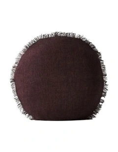 Vintage Linen Fringe Round Cushion in Mulberry