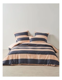 Rugby Stripe Cotton Sateen Quilt Cover Set in Bluestone