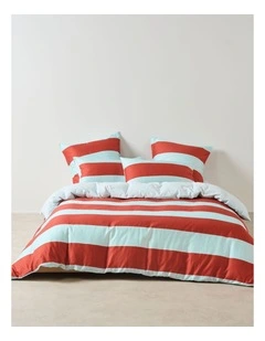 Rugby Stripe Cotton Sateen Quilt Cover Set in Chilli
