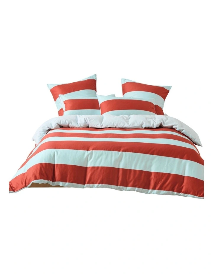 Rugby Stripe Cotton Sateen Quilt Cover Set in Chilli image 1