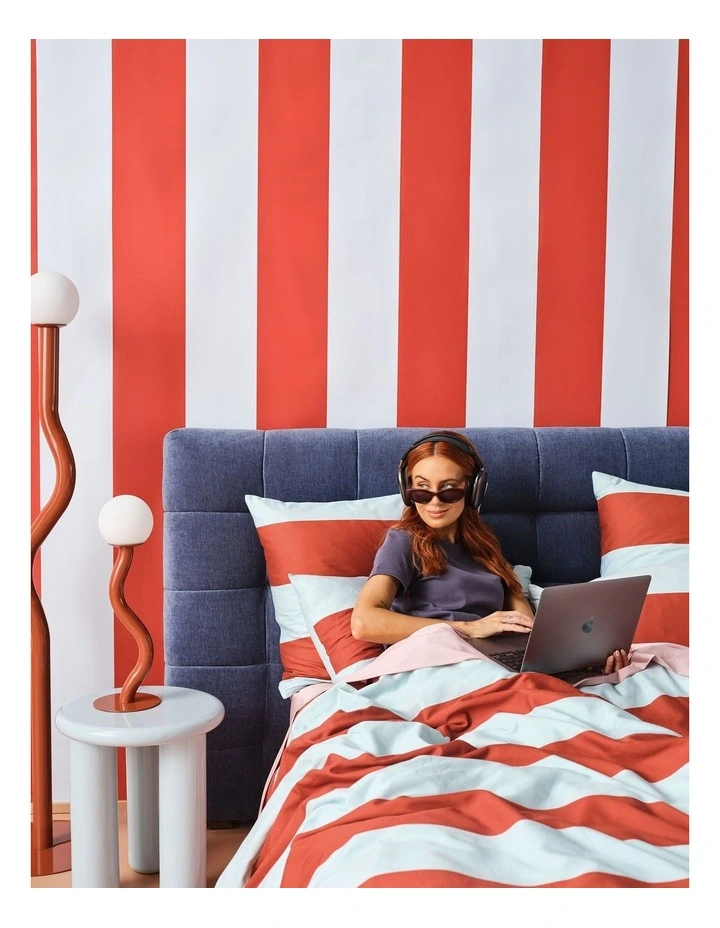 Rugby Stripe Cotton Sateen Quilt Cover Set in Chilli image 6