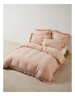Vintage Ruffle Cotton Linen Quilt Cover Set In Ballet Pink