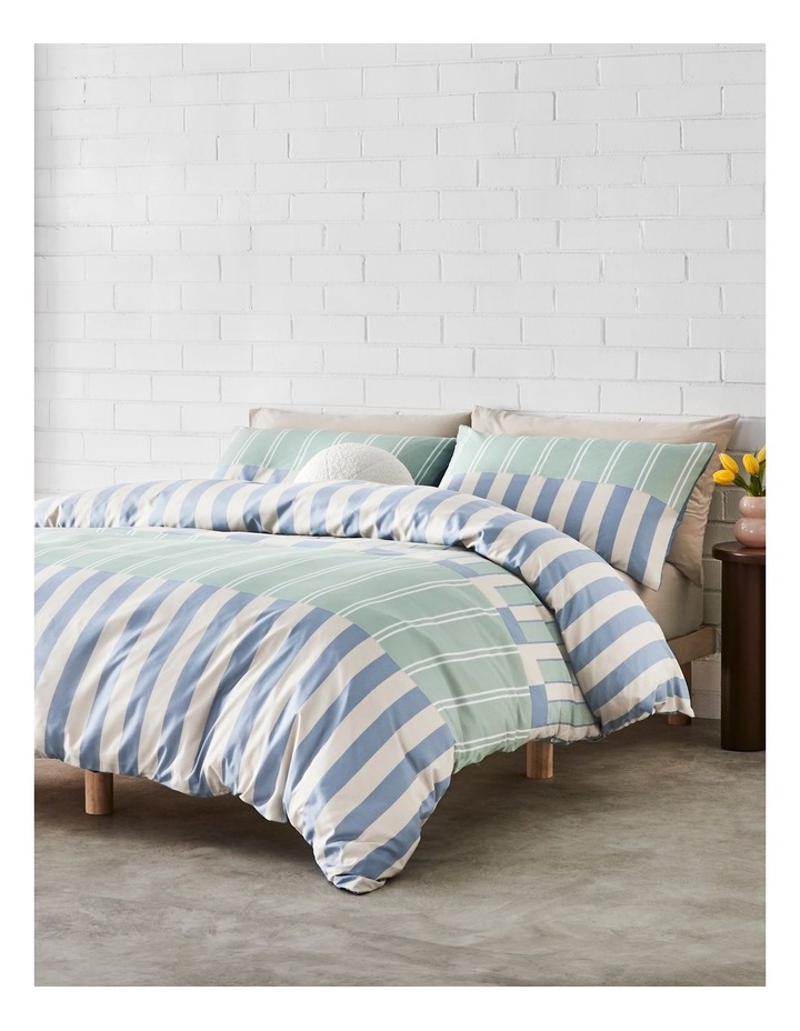 Super Soft Microfibre Quilt Cover Set in Green and Blue Stripe image 1