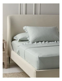 Printed Cotton Ruffle Sheet Set in Sage Stripe
