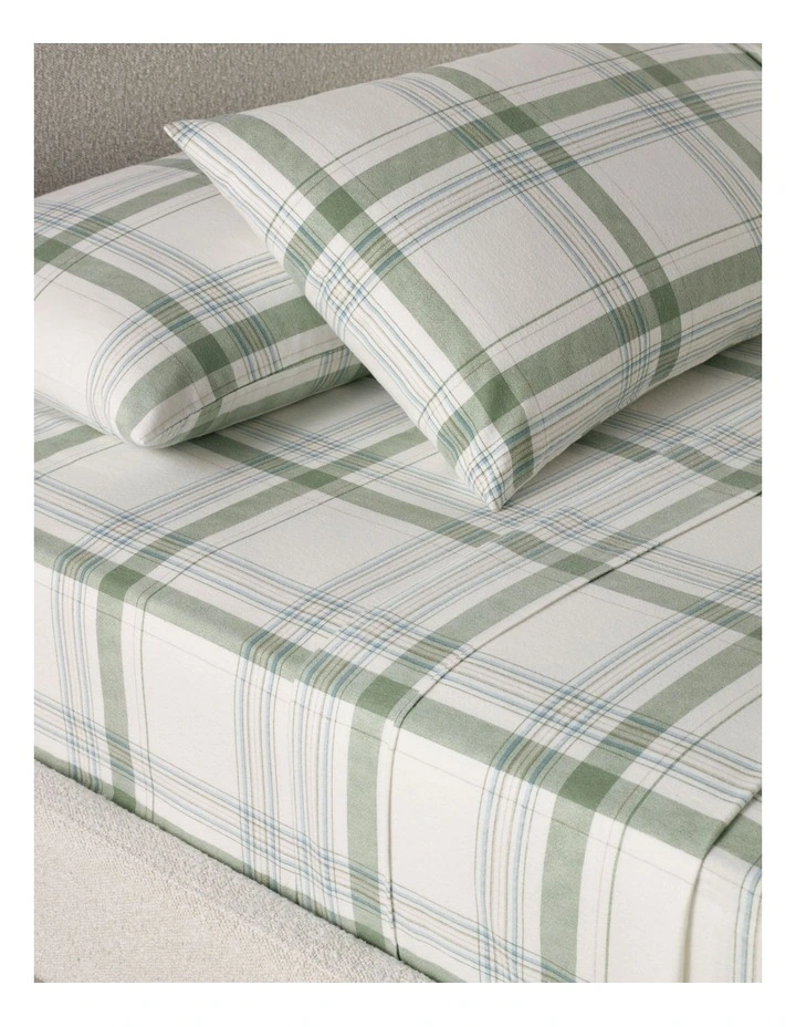 Printed Cotton Flannelette Sheet Set in Blue/Green Check image 2
