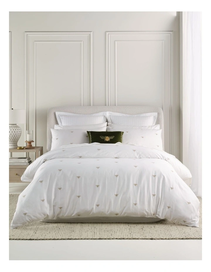 Bee Embroidered Cotton Sateen Quilt Cover Set in White image 1