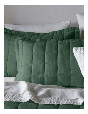 Sandy Cape Washed Belgian Linen Quilted Coverlet in Forest