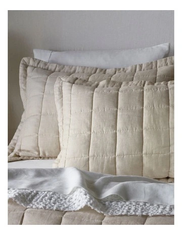 Sandy Cape Washed Belgian Linen Quilted Coverlet in Moonbeam