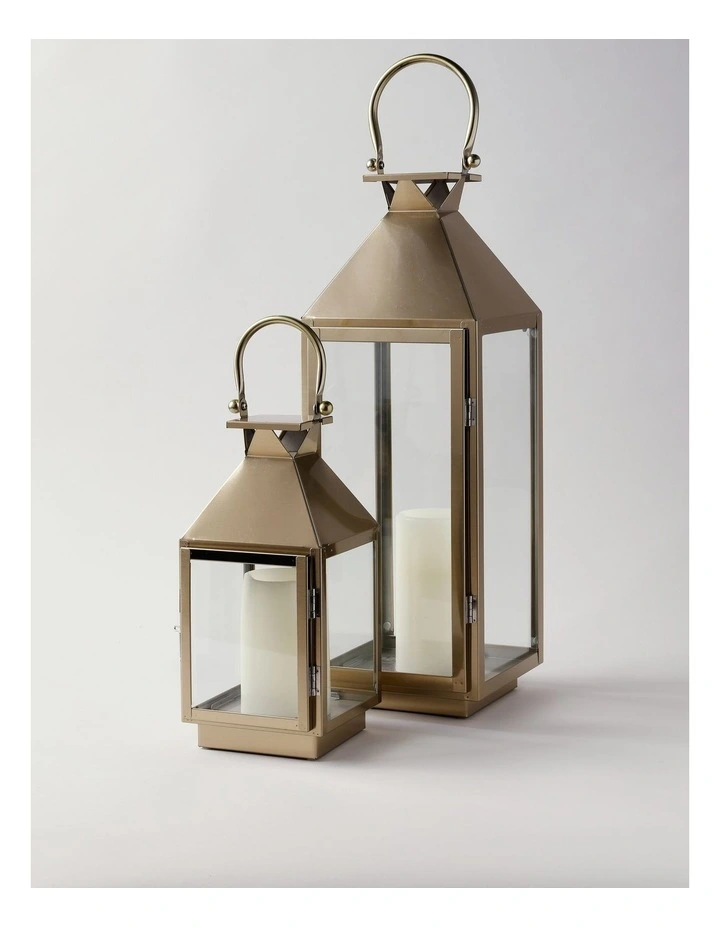 Stainless Detail Iron & Glass Lantern 38cm in Gold image 3