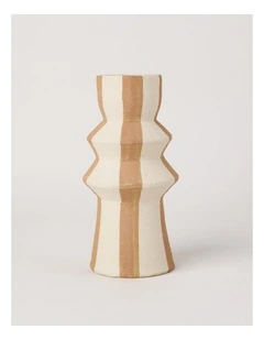 Striped Ceramic Vase 27cm in White and Brown