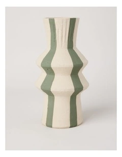 Striped Ceramic Vase 31cm in White and Green
